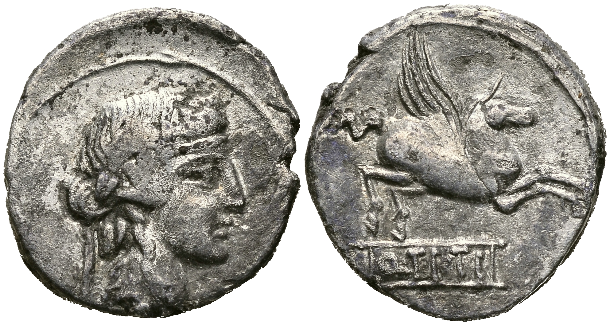 Римская Республика денарий 90 г. до н.э. монетарий Кв. Тиций. Бахус / Пегас VERY FINE 3,58 ГР Crawf. 341/2; Syd. 692 серебро 1073-1-8-3