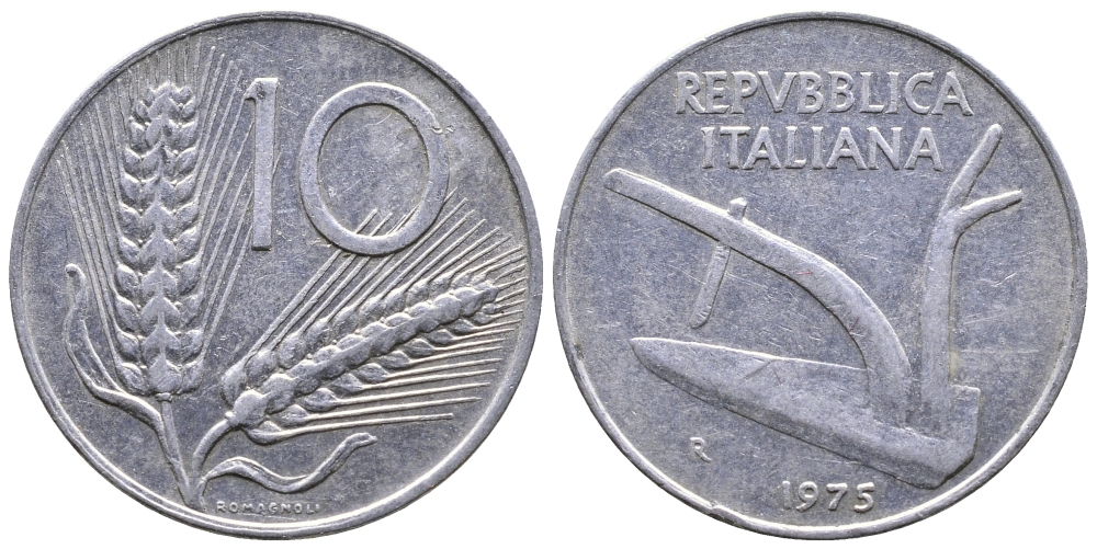ИТАЛИЯ 10 ЛИР 1975 R. ПЛУГ KM 93 алюминий 54-1341