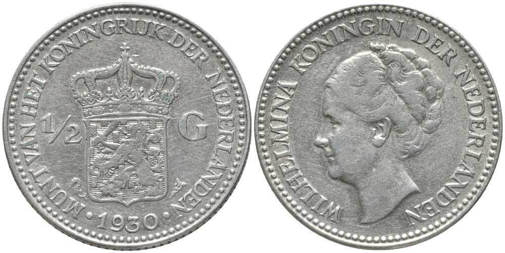 Нидерланды 1/2 гульдена 1930 Вильгельмина I (1890-1948) КМ 160 серебро 202-552