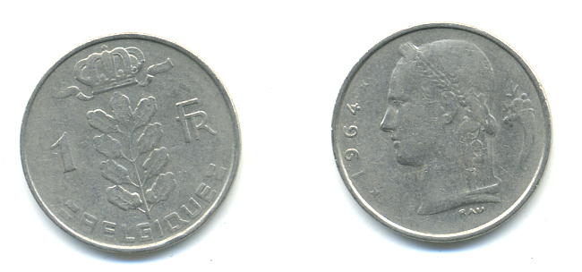 БЕЛЬГИЯ 1 ФРАНК 1964 BELGIQUE KM 142.1 медно-никель 86-1333