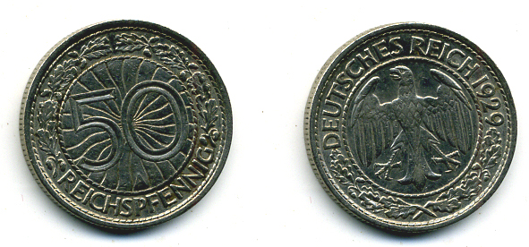 Германия 50 рейхспфеннигов 1929 А KM 49, J. 324 никель 58-522