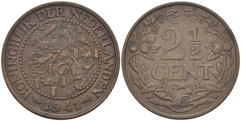 НИДЕРЛАНДЫ 2 1/2 ЦЕНТА 1941 ВИЛЬГЕЛЬМИНА KM 150 бронза 24-341