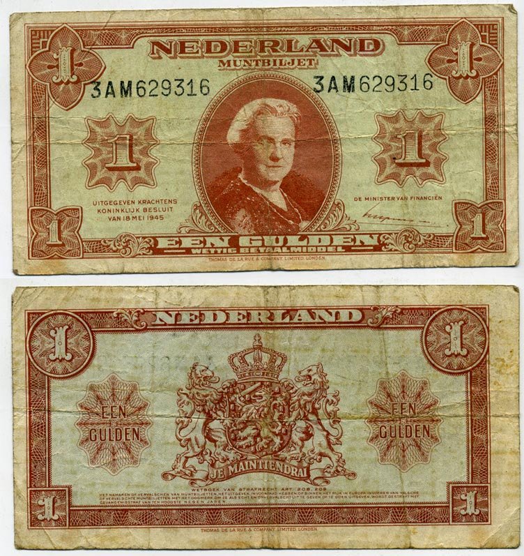 Нидерланды 1 гульден 1945 18 мая 1945, Вильгельмина	Pick 70 бумага 450-58-3