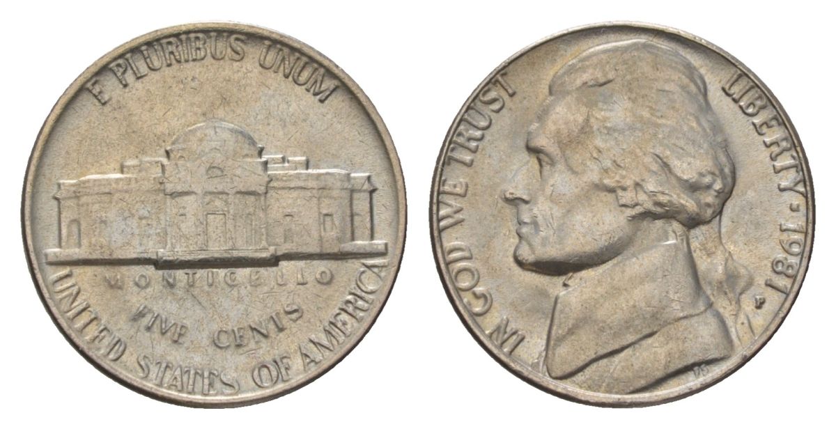 США 5 центов 1981 P, Джефферсон KM A192 медно-никель 4627-756