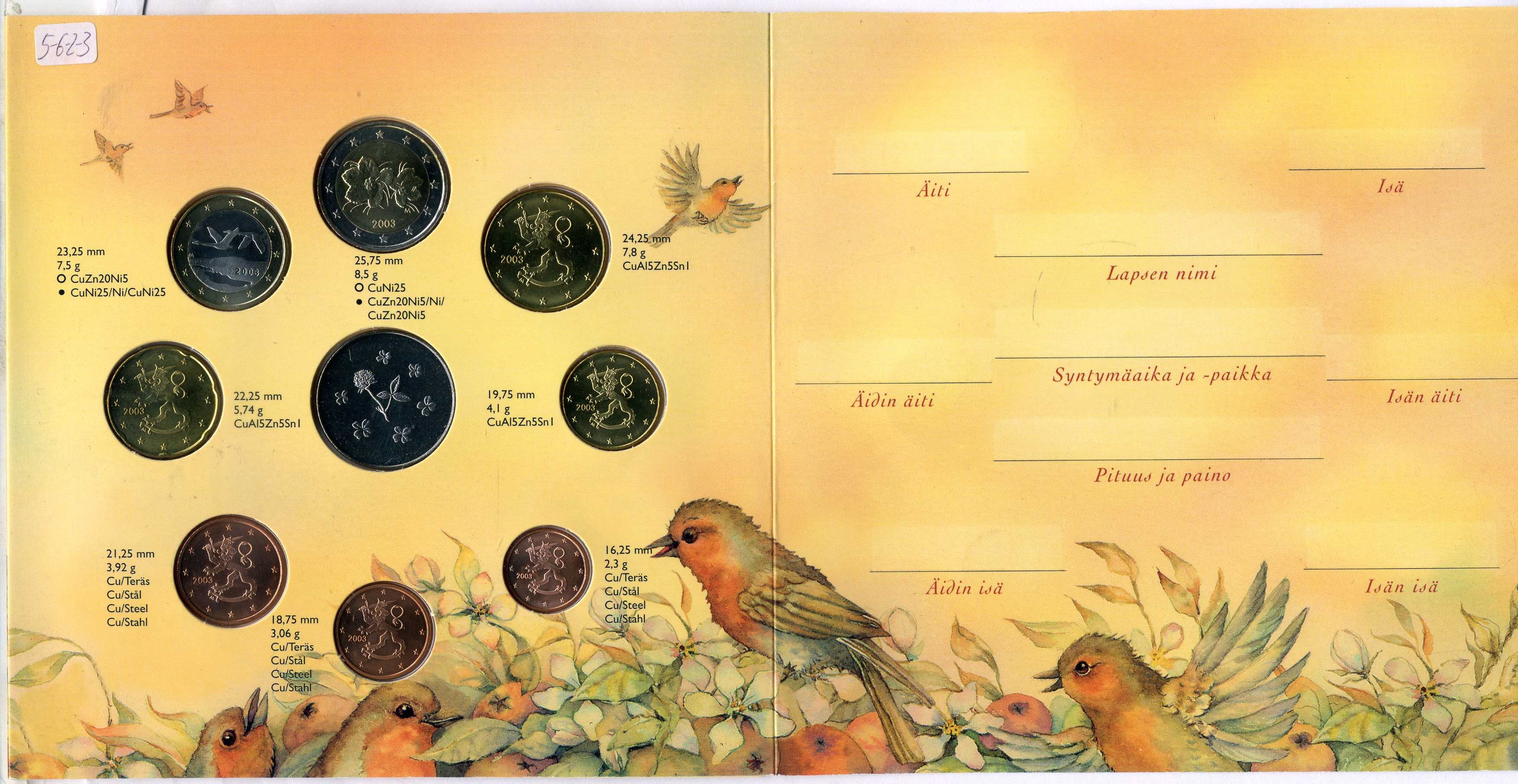 Финляндия евронабор из 8 монет + жетон 2003 птички, в оригинальном буклете UNC 5-6-2-3