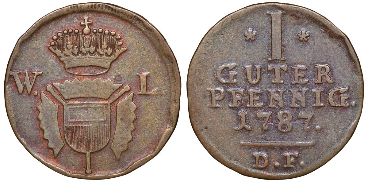 Шаумбург-Гессен-Кассель 1 пфенниг 1787 DF KM 37 медь    1531-1241