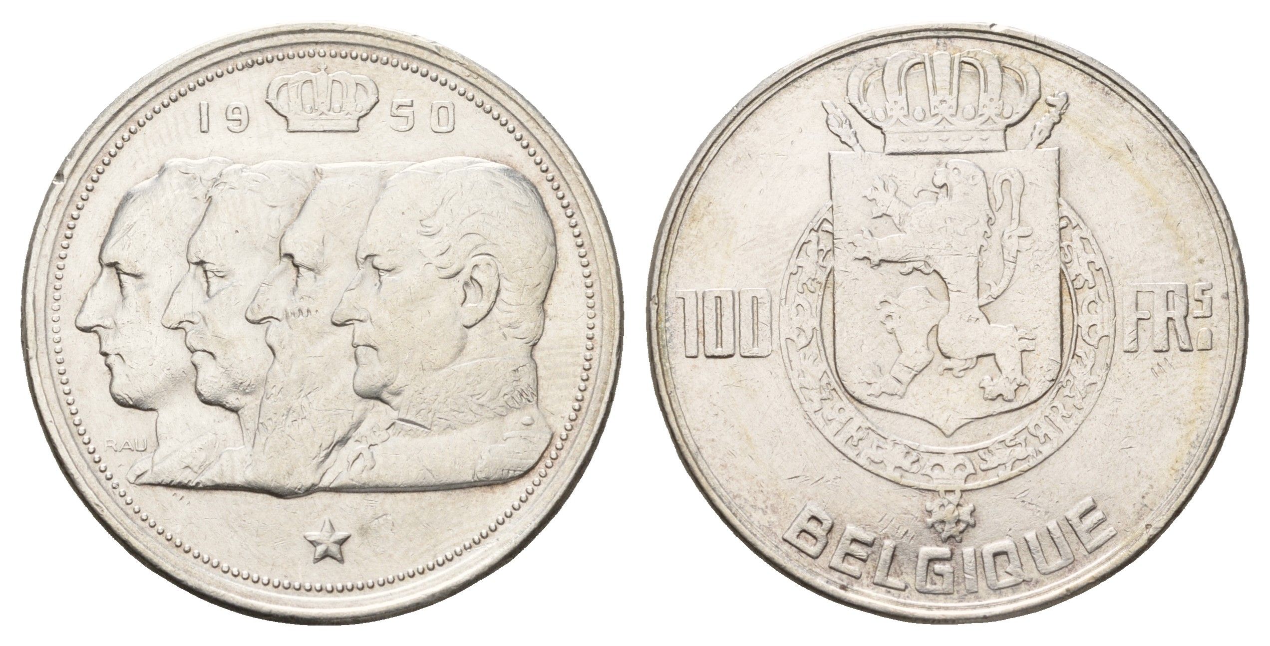 Бельгия 100 франков 1950 Леопольд III (1934-1950), Belgique KM 138 серебро 1519-831