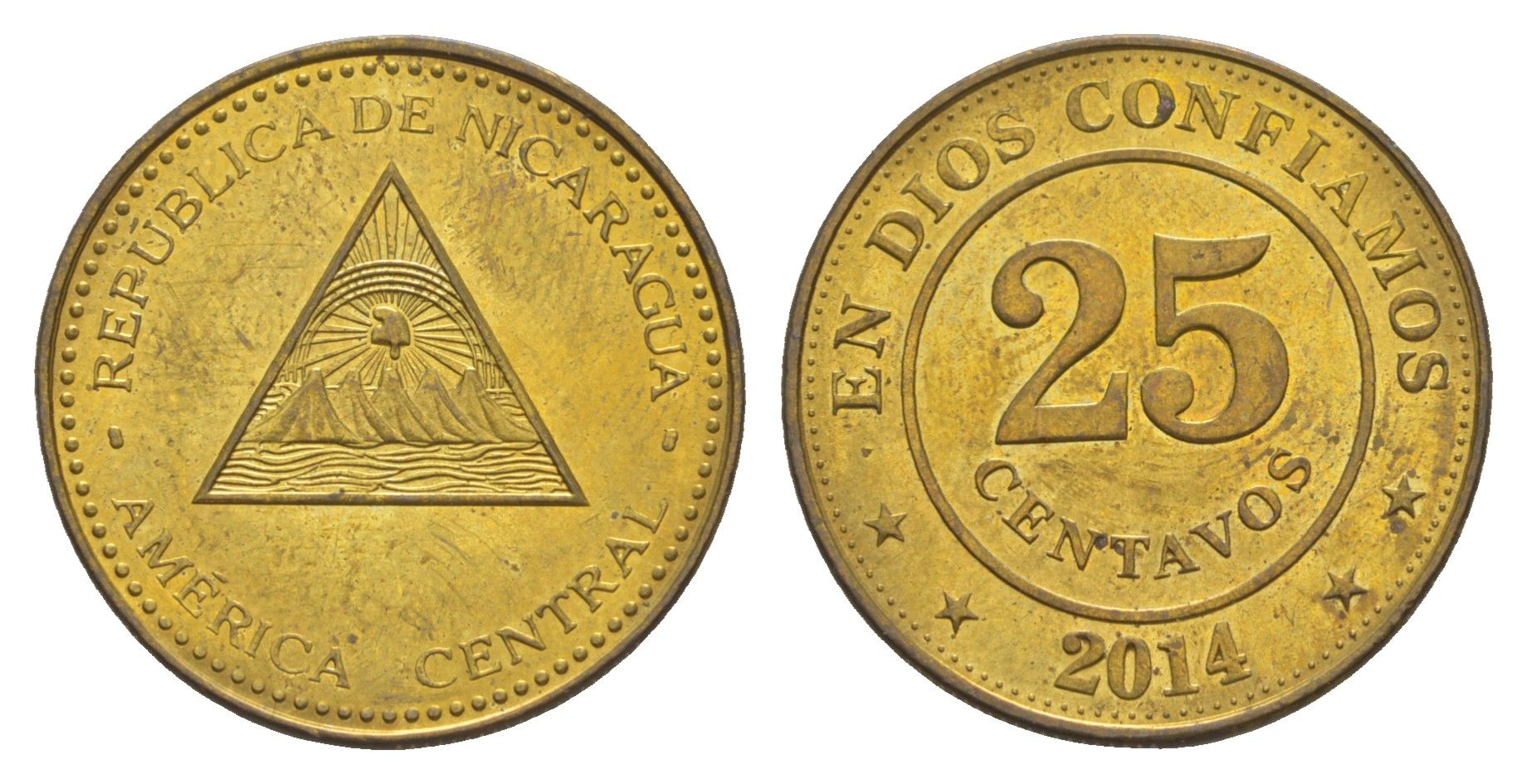 Никарагуа 25 сентаво 2014 KM 104 сталь плакированная латунью UNC 4641-317