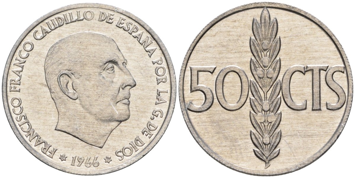 Испания 50 сентимо 1966 (70) Франсиско Франко (1939-1975) KM 795 алюминий 4398-355