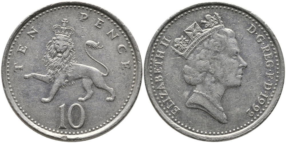 Великобритания 10 пенсов 1992 Елизавета II (1952-2022) KM 938b, Spink 4367 (F4) медно-никель 65-952