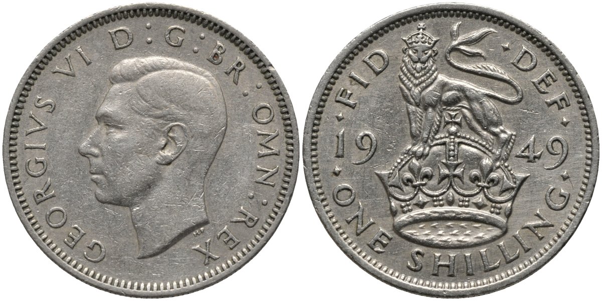 Великобритания 1 шиллинг 1949 Георг VI (1936-1952), Английский герб KM 876, Spink 4108 медно-никель 4577-717