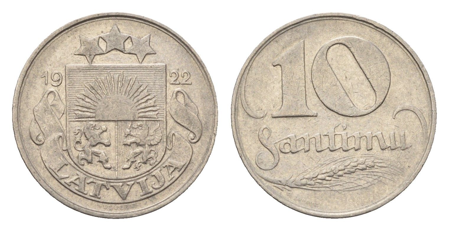 Латвия 10 сантимов 1922 год-тип KM 44 никель 4689-811