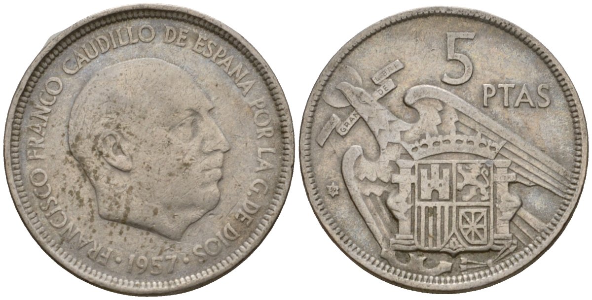 Испания 5 песет 1957 (60) Франсиско Франко (1939-1975) KM 786 медно-никель 186-454