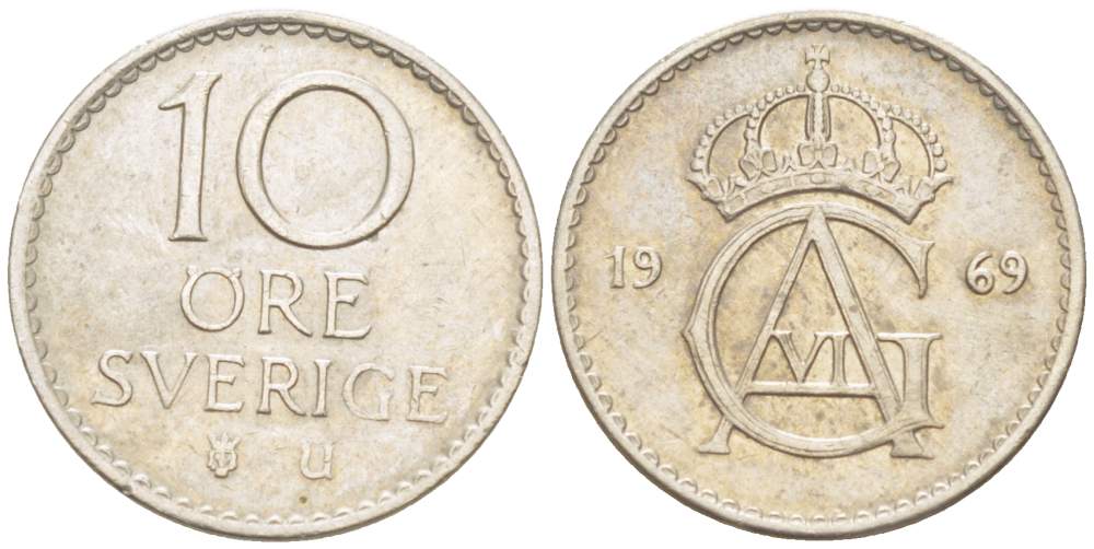 Швеция 10 эре 1969 U, Густав VI Адольф (1950-1973) KM 835 медно-никель 4516-943