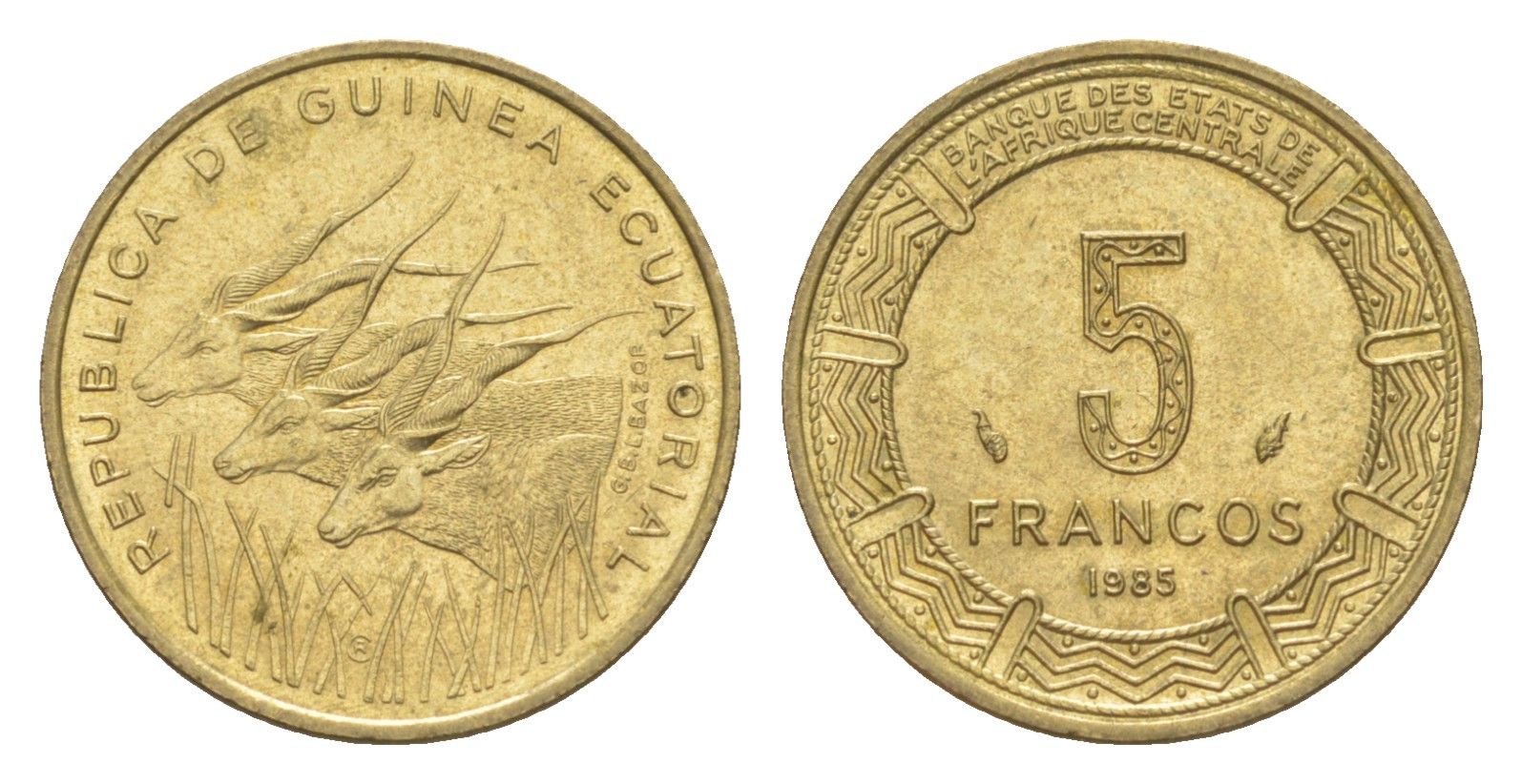 Экваториальная Гвинея 5 франков 1985 год-тип KM 62 алюминиевая бронза UNC 4651-839