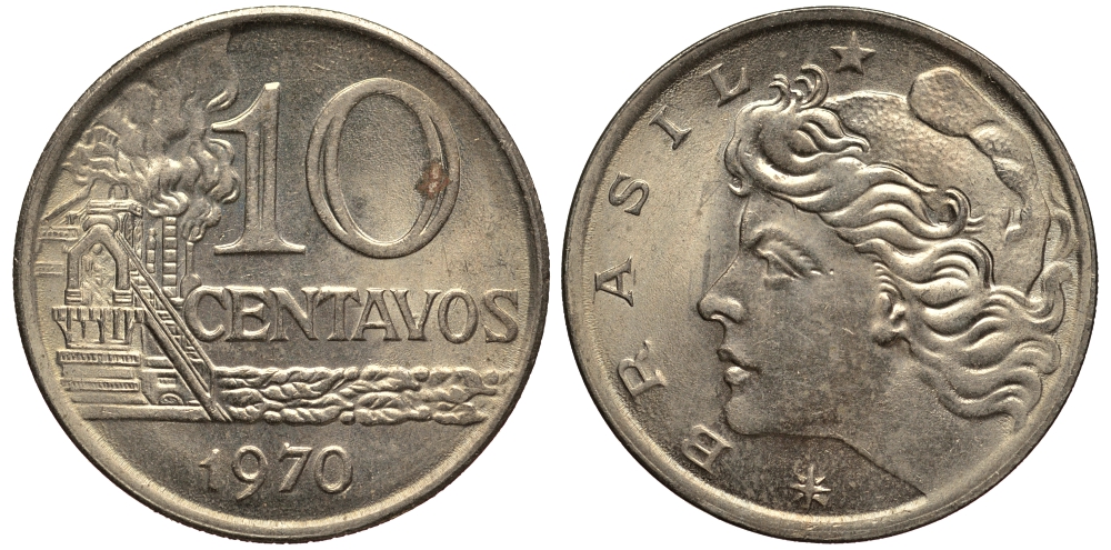 БРАЗИЛИЯ 10 СЕНТАВО 1970 НЕФТЕПЕРЕГОННЫЙ ЗАВОД KM 578.2 медно-никель VF 4182-427