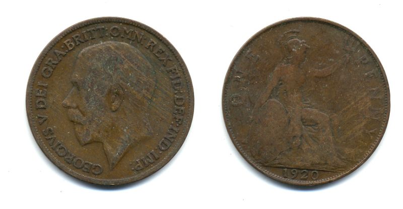 Великобритания 1 пенни 1920 Георг V (1910-1936) КМ 810, Spink 4051 бронза 47-336