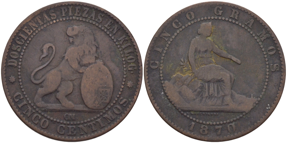 Испания 5 сентимо 1870 ОМ, лев со щитом KM 662 (Y53) медь 28-541