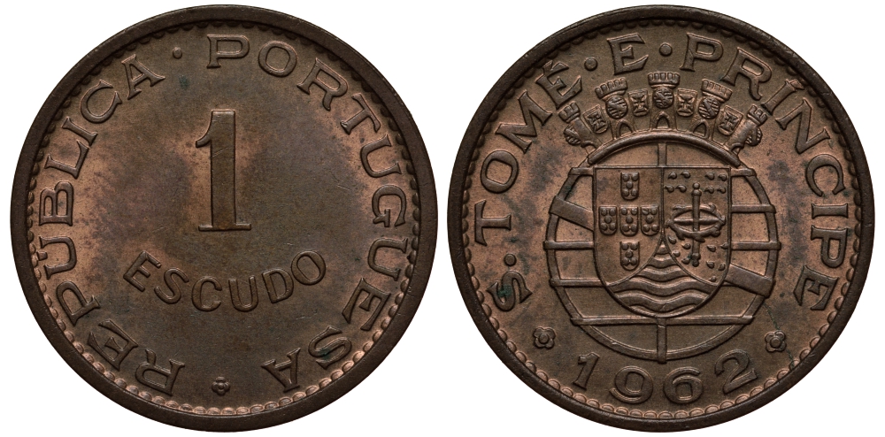 Португальское Сан-Томе и Принсипи 1 эскудо 1962 первый год KM 18 бронза UNC 00-00