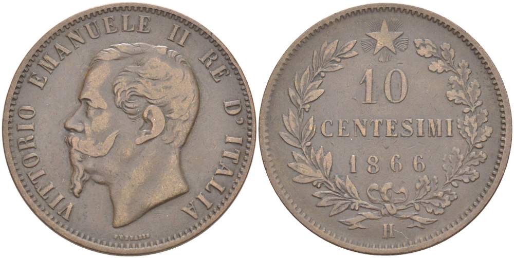 ИТАЛИЯ 10 ЧЕНТЕЗИМО 1866 H, МОНДВОР БИРМИНГЕМ, ВИКТОР ЭММАНУИЛ II (1861-1878) KM 11.3 медь 4526-816