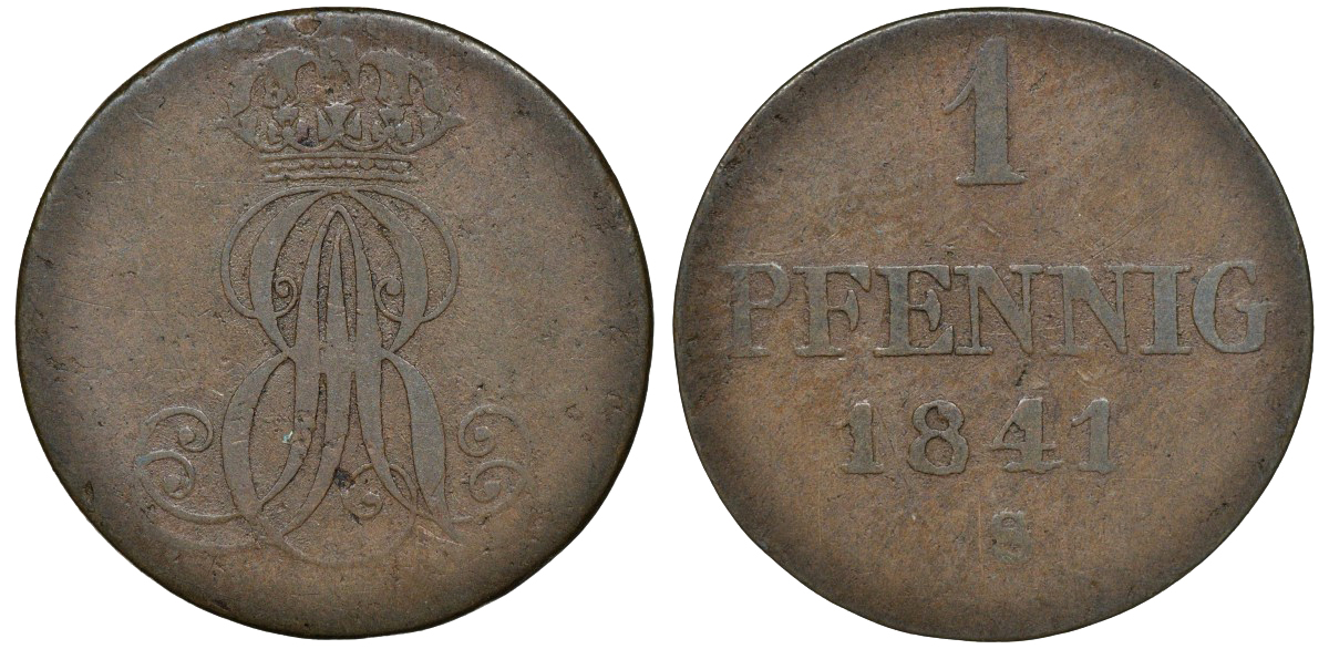 Ганновер 1 пфенниг 1841 S, Эрнст Август (1837-1851) KM 173.3, AKS 128, J. 54 медь 72-1621