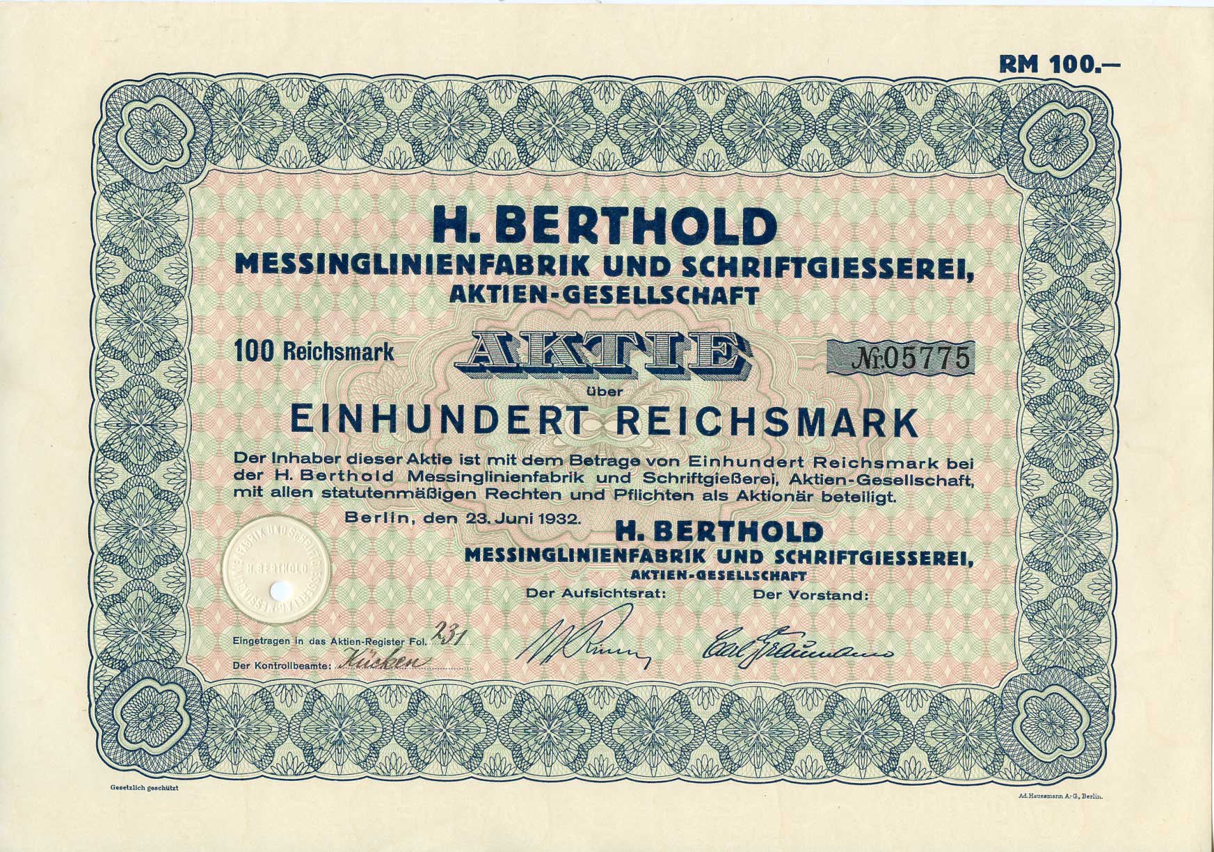 Германия 100 рейхсмарок 1932 Фабрика латунных линий и литейный цех имени Х. Бертольда, акция   бумага   8801-94-1
