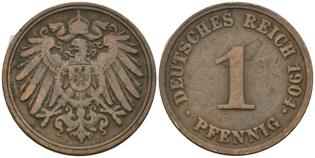 Германия 1 пфенниг 1904 J, Вильгельм II (1888-1918) KM 10, J. 10 медь 4608-245