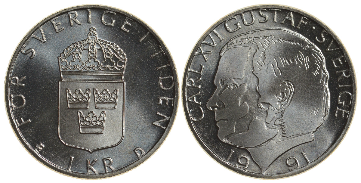 Швеция 1 крона 1991 Карл XVI Густав (1973- ) KM 852a медно-никель UNC 4179-1234