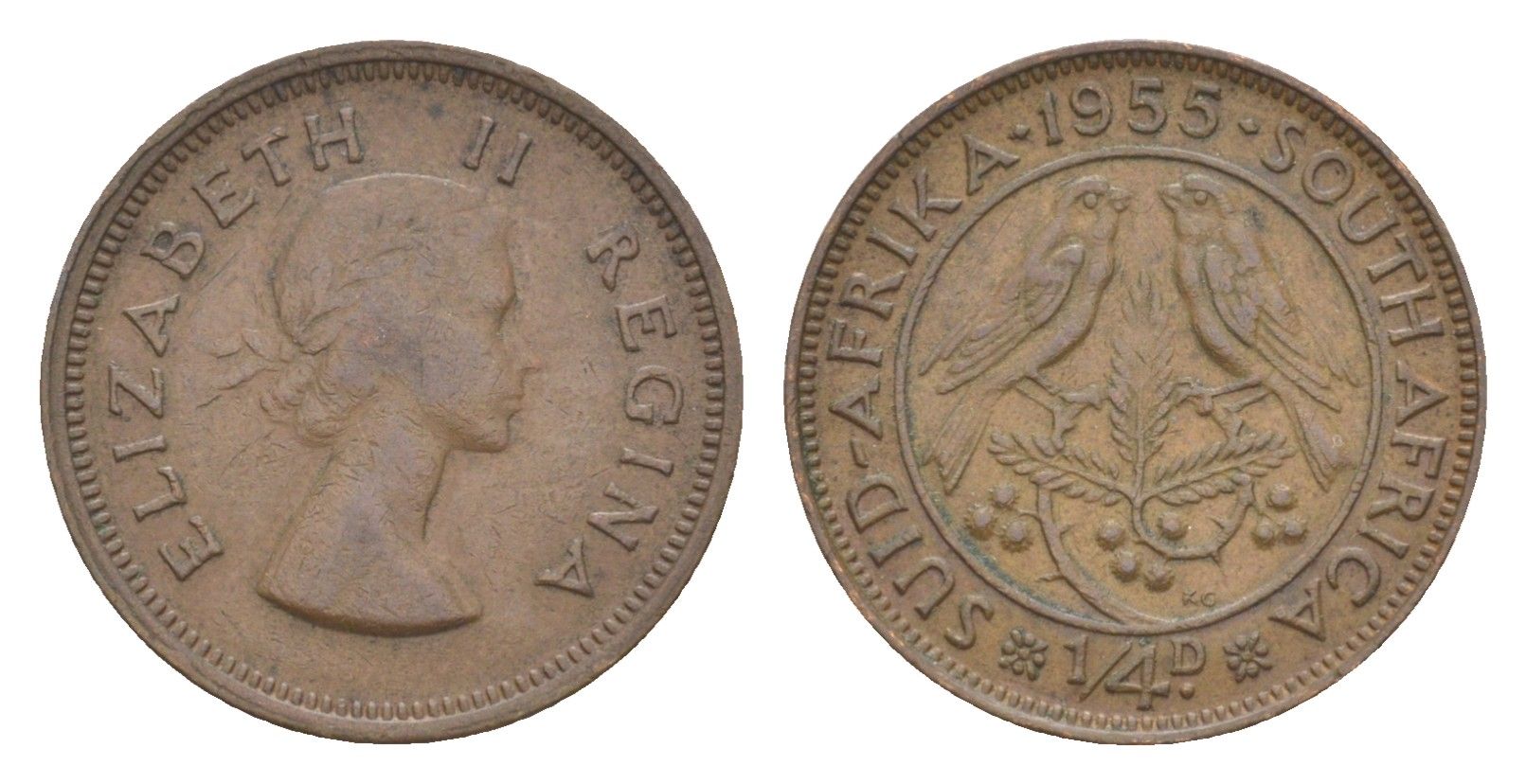 ЮАР 1/4 пенни 1955 Елизавета II KM 44 бронза 4618-946