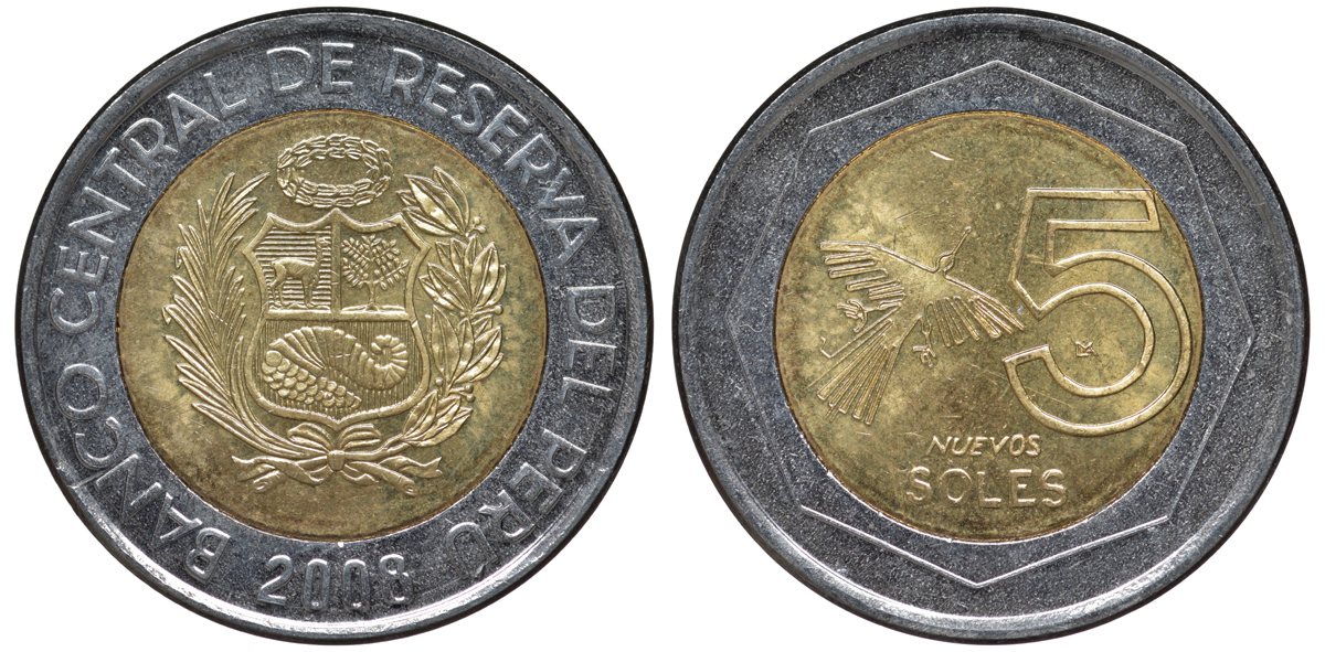 Перу 5 новых солей 2008 KM 316 биметалл aUNC 4605-357