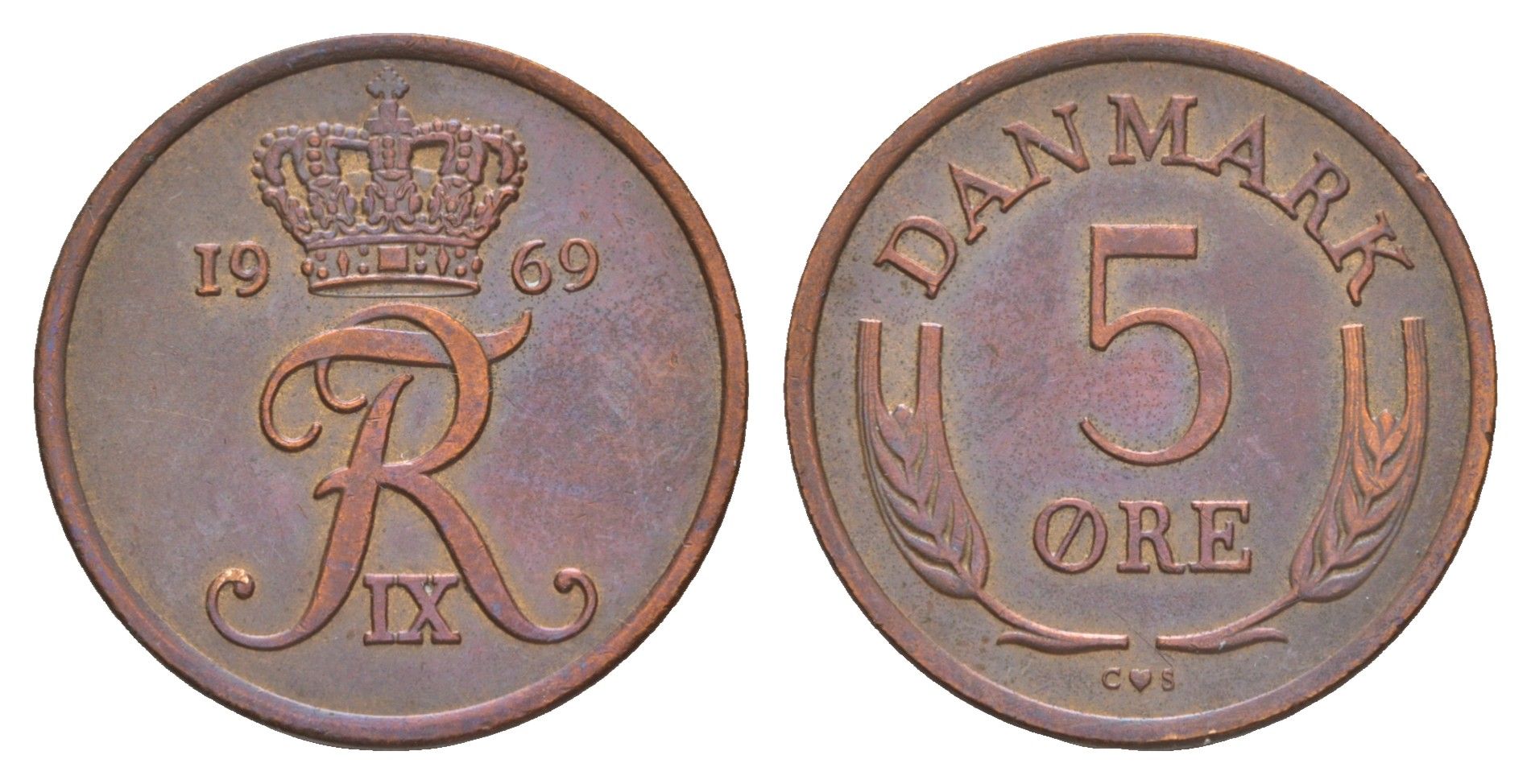 Дания 5 эре 1969 С. S, Фредерик IX (1947-1972) KM 848 бронза 4654-336