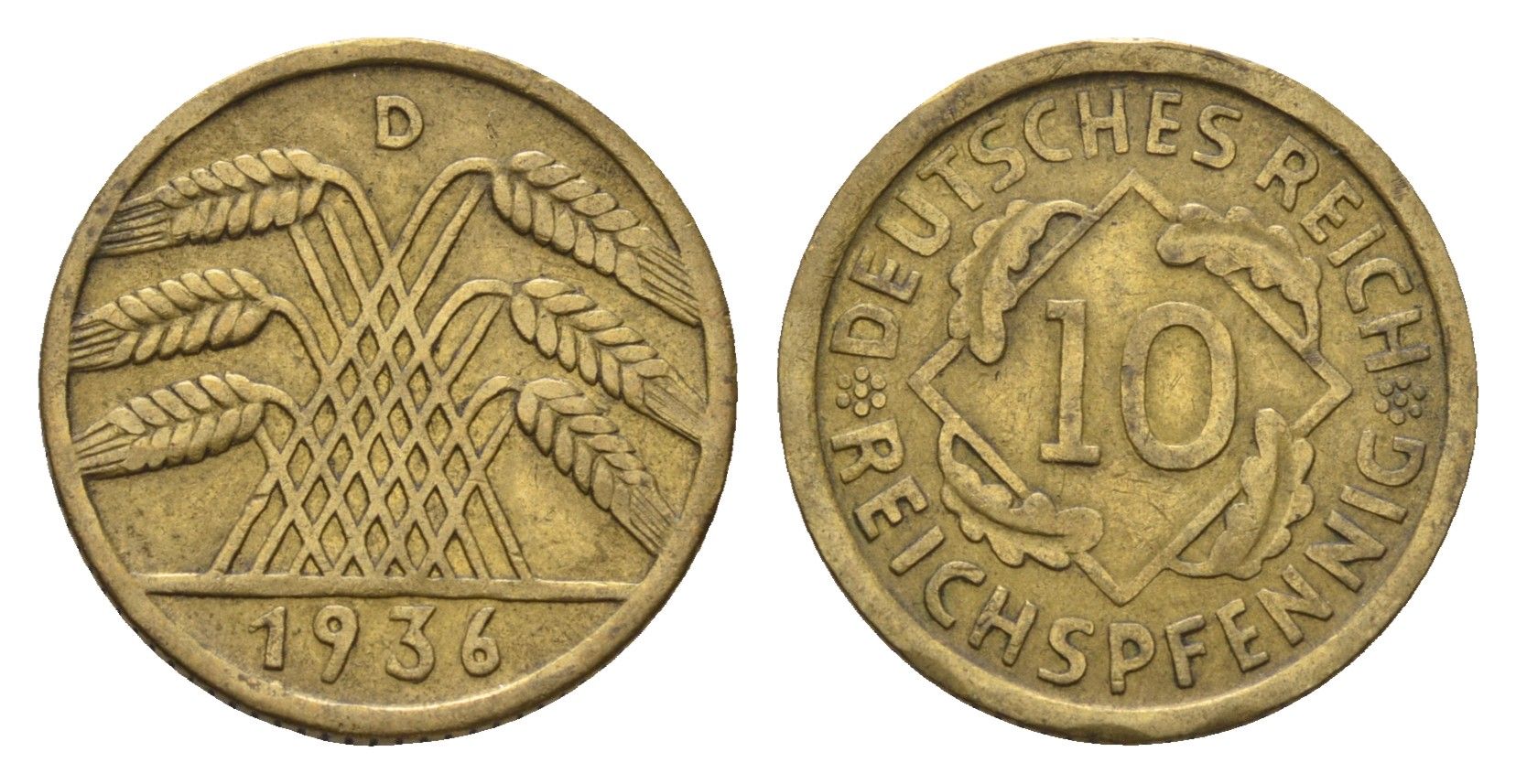 Германия 10 рейхспфеннигов 1936 D KM 40, J. 317 алюминиевая бронза 4684-224