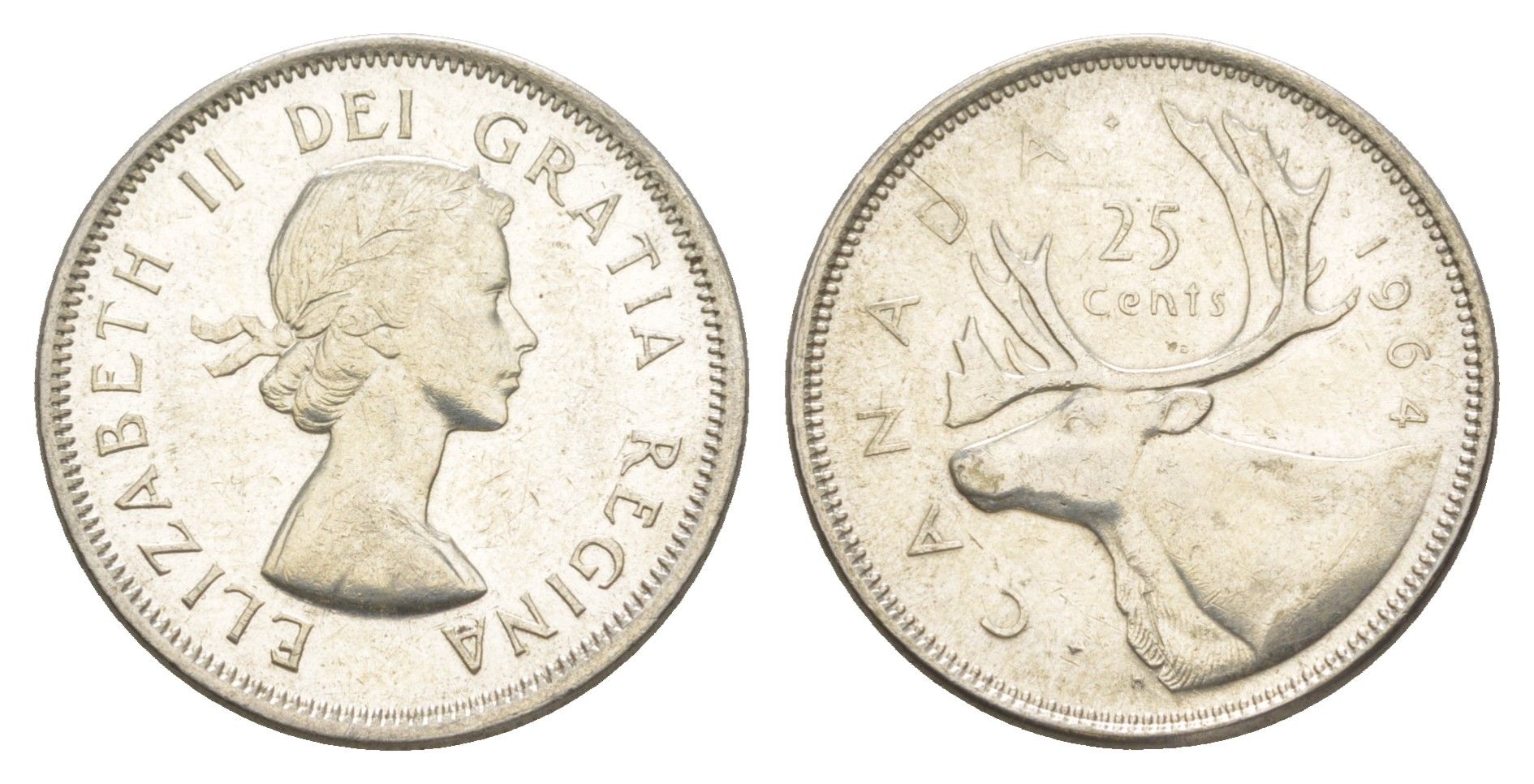 Канада 25 центов 1964 Елизавета II (1952-2022), олень KM 52 серебро aUNC 4631-916