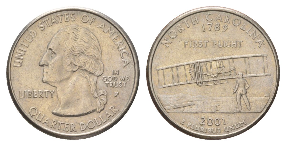 США 25 центов (квотер, 1/4 доллара) 2001 P, Квотер штата Северная Каролина KM 319 медь плакированный медно-никелем UNC 4628-1145