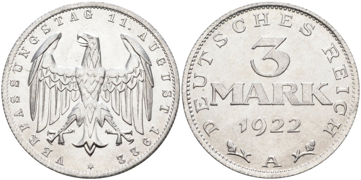 Германия 3 марки 1922 A, третья годовщина Веймарской Конституции KM 29, J.303 алюминий UNC 4587-222