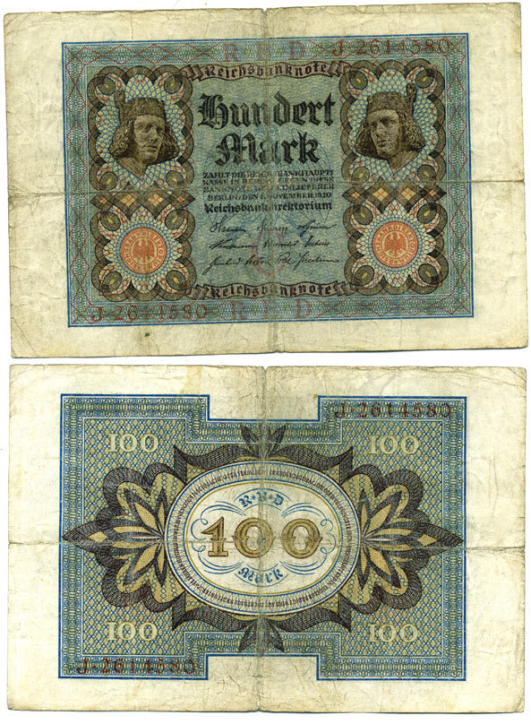 Германия 100 марок 1920 Бамбергский всадник, 7 цифр в номере Pick 69 a, Розенберг 67а  бумага 3295-115-2-2