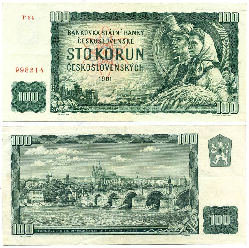 ЧЕХОСЛОВАКИЯ 100 КРОН 1961 СЕРИЯ Р, РАБОЧИЙ И КОЛХОЗНИЦА, КАРЛОВ МОСТ В ПРАГЕ Pick 91b бумага 7146-20-2-1