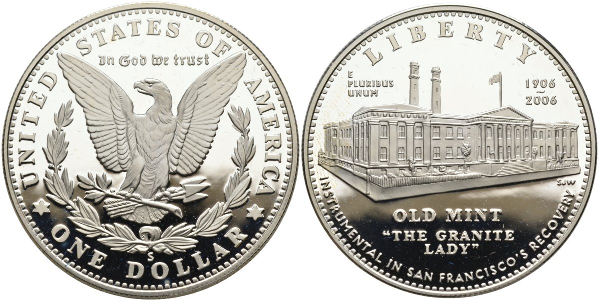 США 1 доллар 2006 старейший монетный двор Сан-Франциско, в оригинальной коробке, сертификат KM 394 серебро PROOF 00-00-00