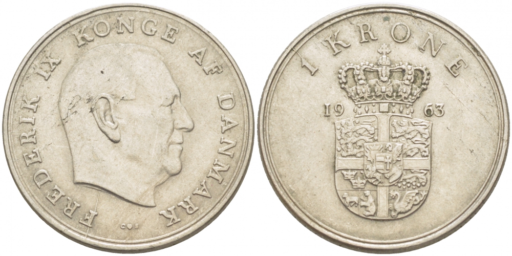 ДАНИЯ 1 КРОНА 1963 C; S, ФРЕДЕРИК IX (1947-1972) КМ 851.1 медно-никель 213-1215
