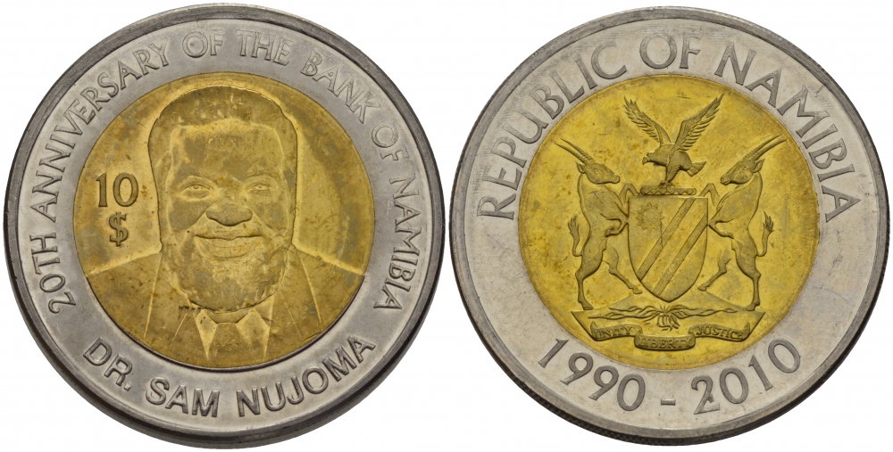 Намибия 10 долларов 2010 20 лет банку Намибии биметалл KM NEW UNC 32-121