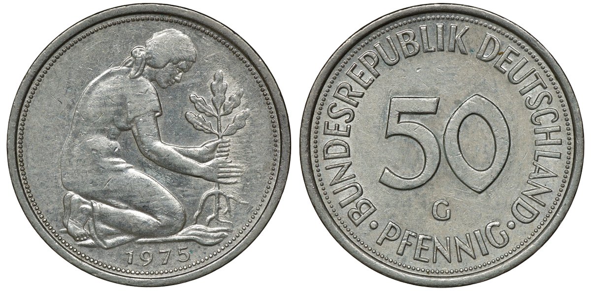 ФРГ 50 ПФЕННИГОВ 1975 G, KM 109.2, J. 384 медно-никель aUNC 72-1058