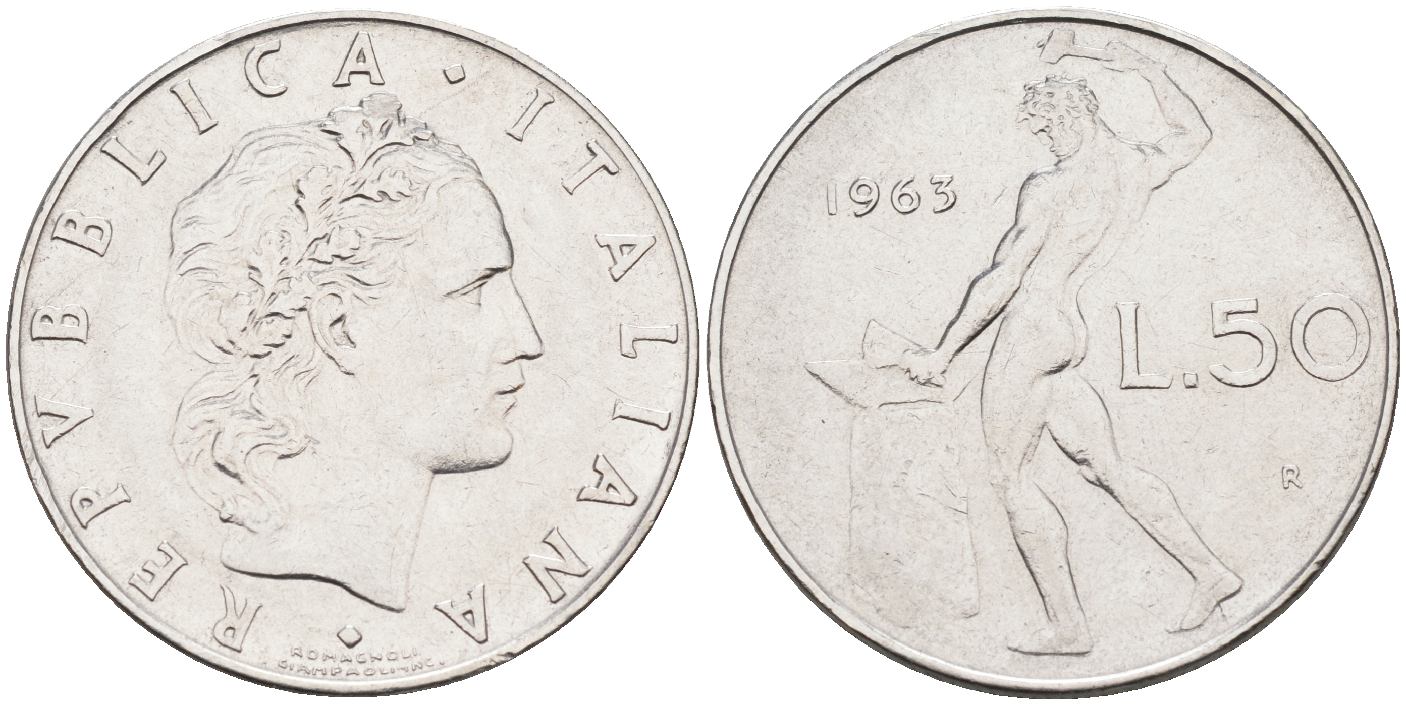 Италия 50 лир 1963 R, бог огня Вулкан у наковальни KM 95.1 нержавеющая сталь 4595-355
