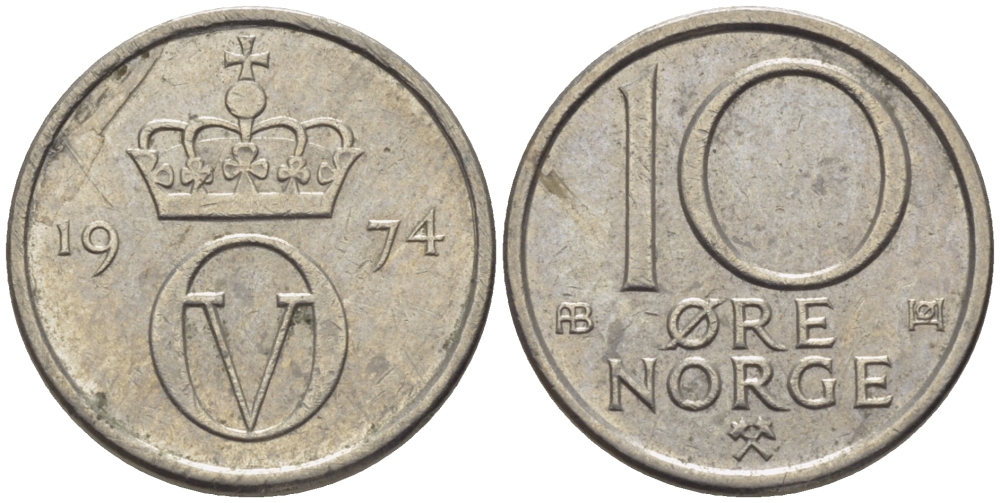 Норвегия 10 эре 1974 Улаф V (1958-1991) KM 416 медно-никель 100-123