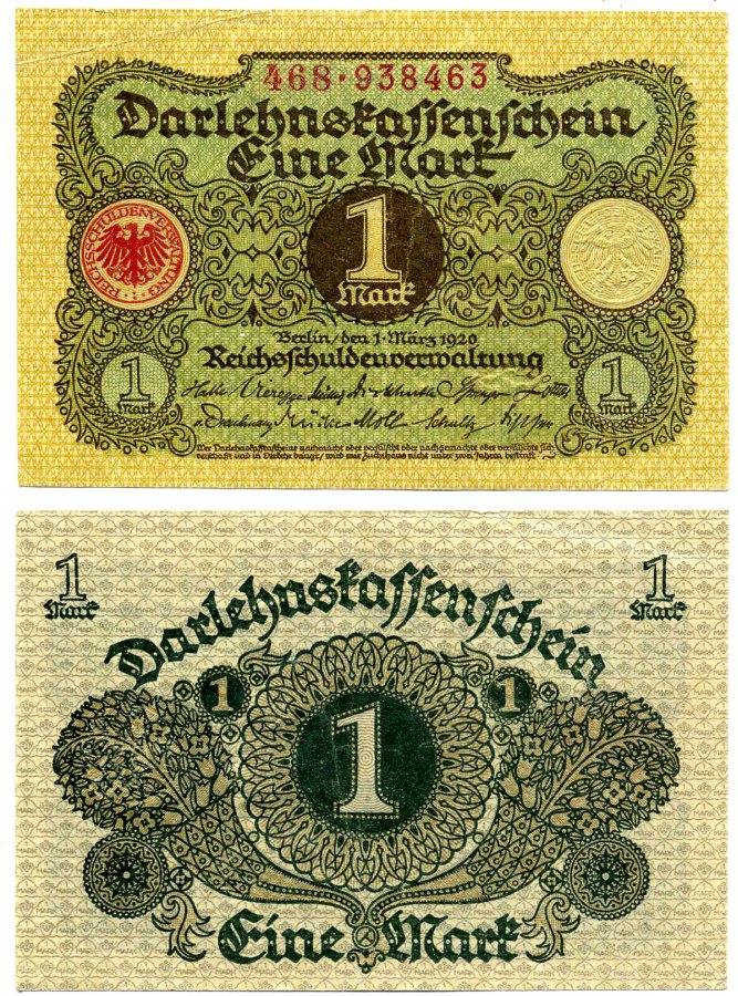 Германия 1 марка 1920 1 марта 1920, Веймарская республика, серия 468 Pick 58, Розенберг 64 бумага 2195-30-3-2