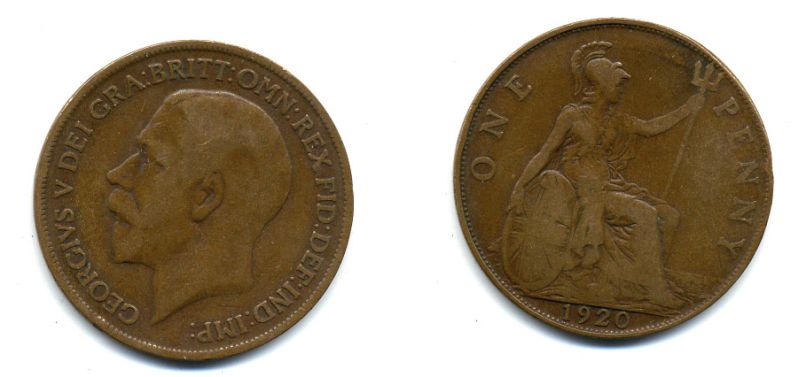 Великобритания 1 пенни 1920 Георг V (1910-1936) КМ 810, Spink 4051 бронза 47-416