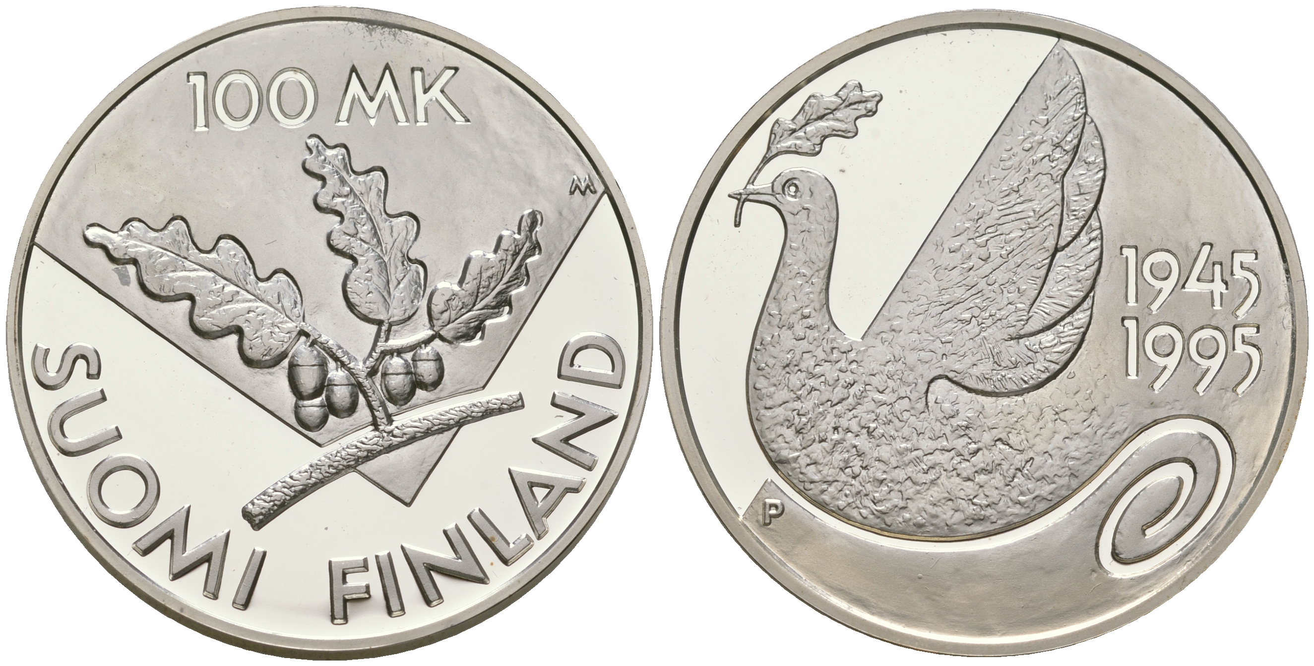 Финляндия 100 марок 1995 50 лет ООН, голубь мира, тираж 3000 экземпляров KM 81 серебро  PROOF  1095-1-54