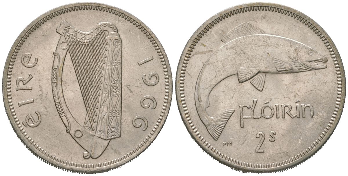 Ирландия 2 шиллинга = флорин 1966 KM 15a медно-никель aUNC 4574-533