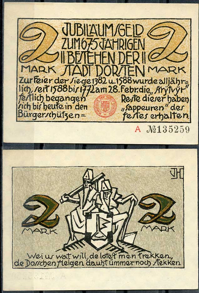 Германия, Дорстен 2 марки 1922 нотгельд, историческая серия Li.273, M.282.1  бумага  UNC (пресс) 444-86-2-2