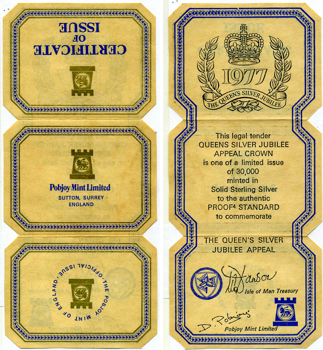 Остров Мэн 1 крона 1977 Серебрянный Юбилей Елизаветы II, в оригинальной коробке, с сертификатом KM 42а серебро PROOF 3-4-4-25