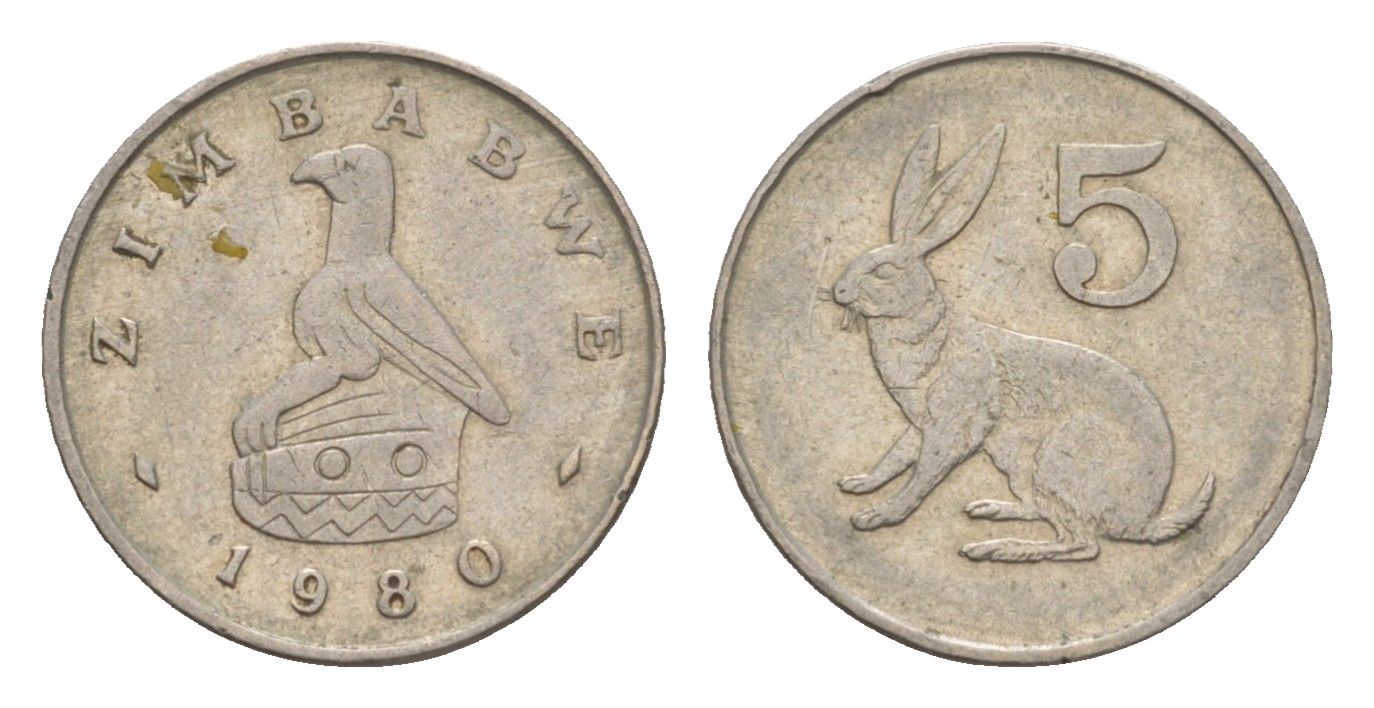 Зимбабве 5 центов 1980 рыжий кролик KM 2 медно-никель 4655-745